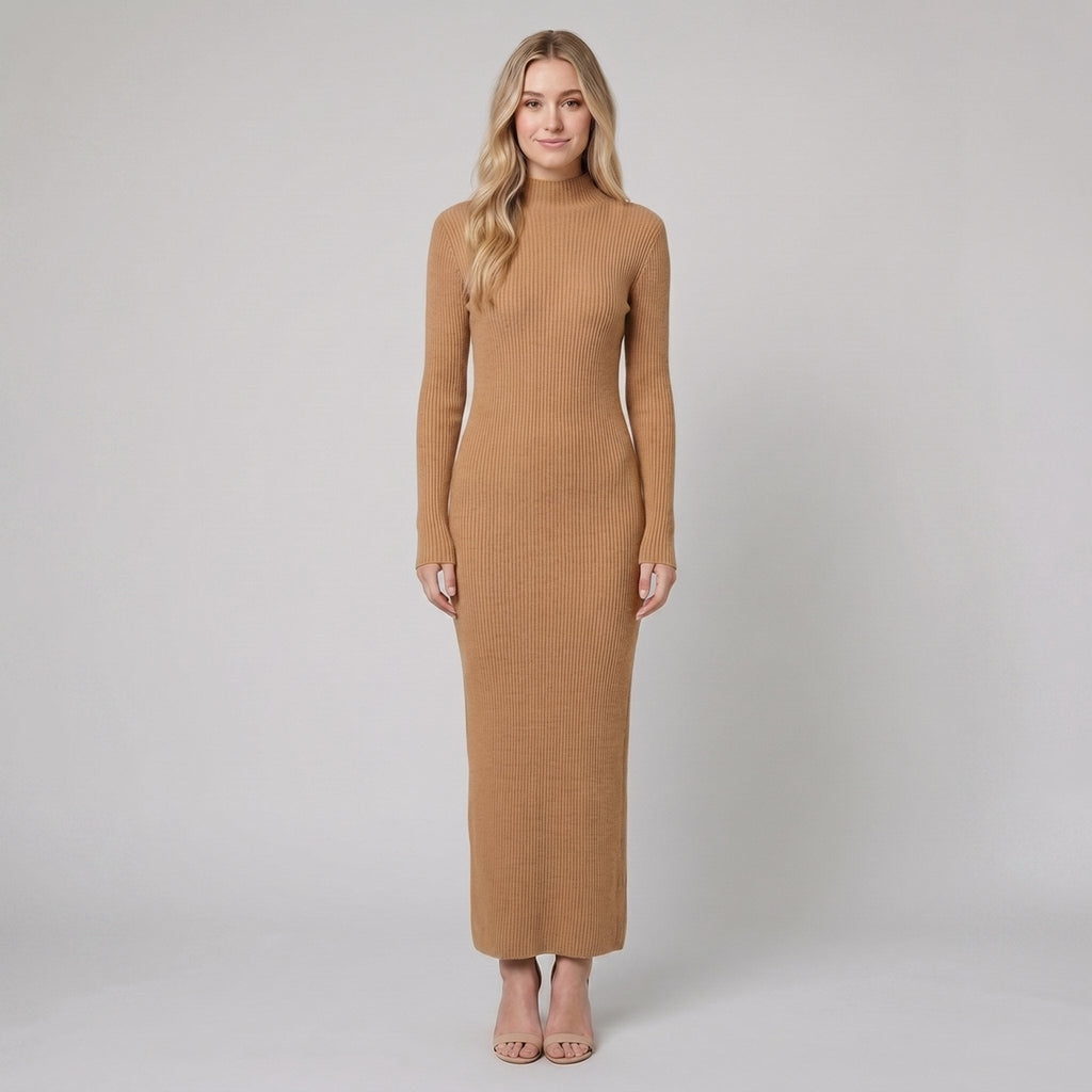 Amelie | Slim-Fit Wool-Blend Maxi Sweater Dress by Vera Noir – in camel