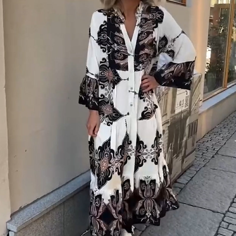 Anirelle Printed V-Neck Flared Sleeve Dress – back view