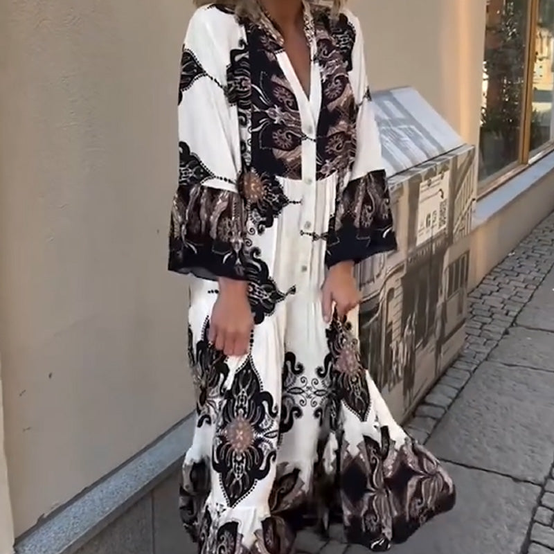 Anirelle Printed V-Neck Flared Sleeve Dress – detail view