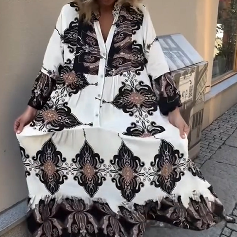 Anirelle Printed V-Neck Flared Sleeve Dress – styled view