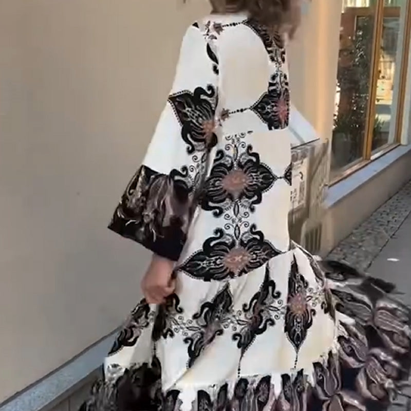 Anirelle Printed V-Neck Flared Sleeve Dress – back view