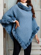 Annelise | Faux Fur-Trim Knit Poncho – front view in blue