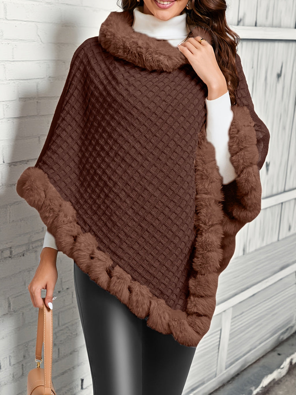 Annelise | Faux Fur-Trim Knit Poncho – front view in coffee brown