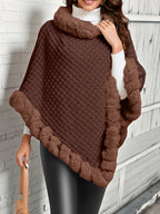 Annelise | Faux Fur-Trim Knit Poncho – front view in coffee brown