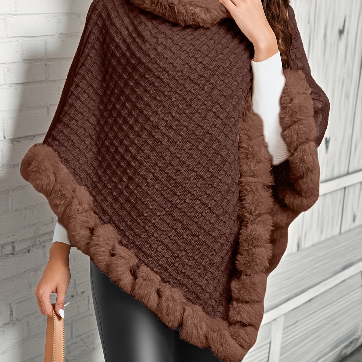 Annelise | Faux Fur-Trim Knit Poncho – detail view in coffee brown