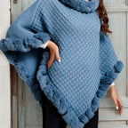 Annelise | Faux Fur-Trim Knit Poncho – detail view in blue