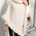 Annelise | Faux Fur-Trim Knit Poncho – close-up of fur trim in white