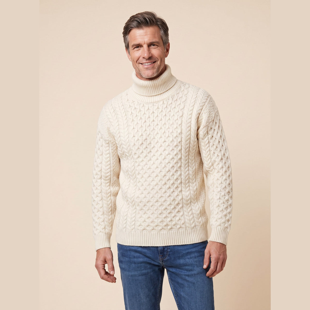 Aran Fisherman Turtleneck Sweater in cream – front view