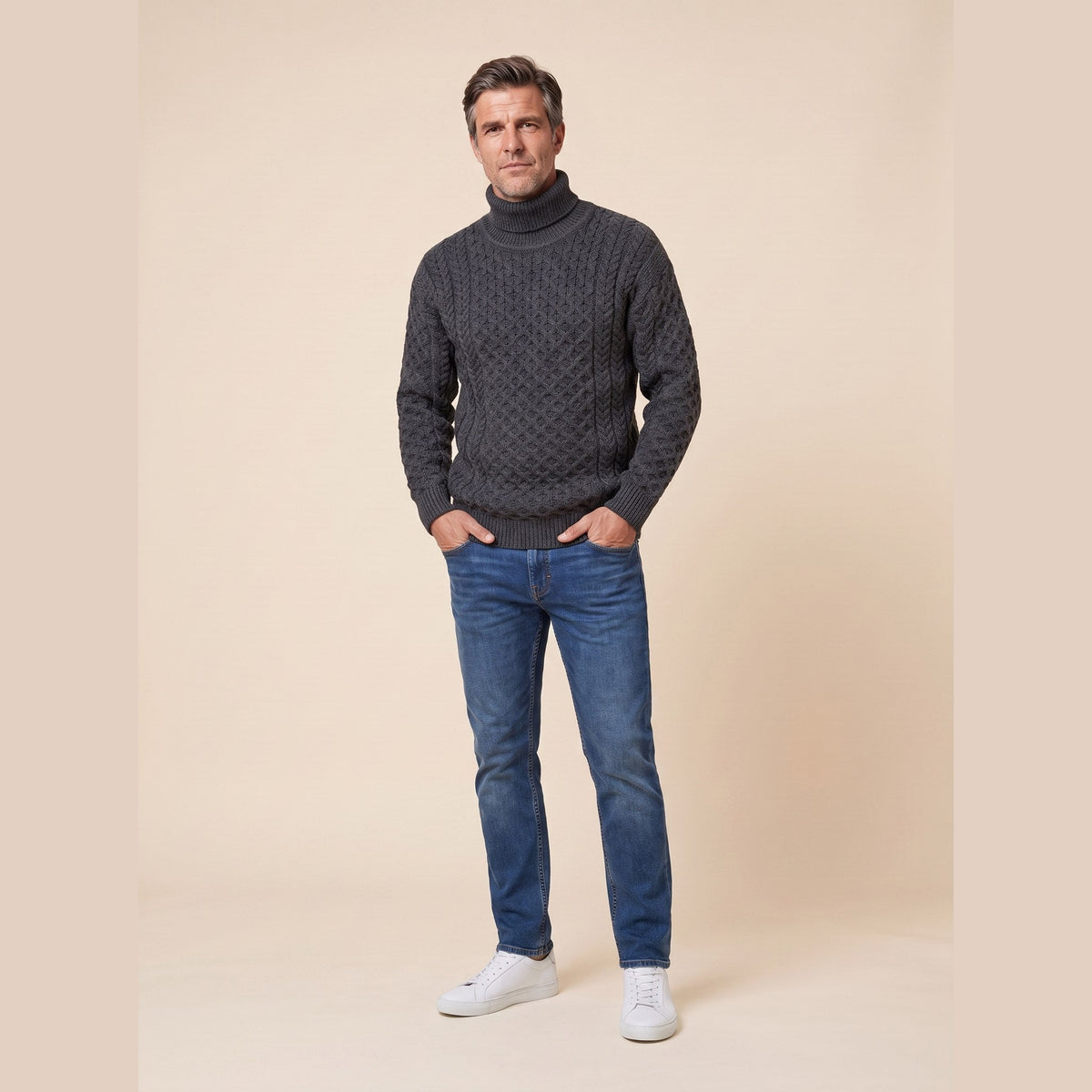 Aran Fisherman Turtleneck Sweater in charcoal – front view