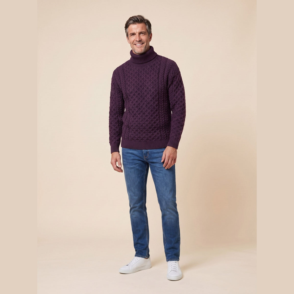 Aran Fisherman Turtleneck Sweater in damson – front view