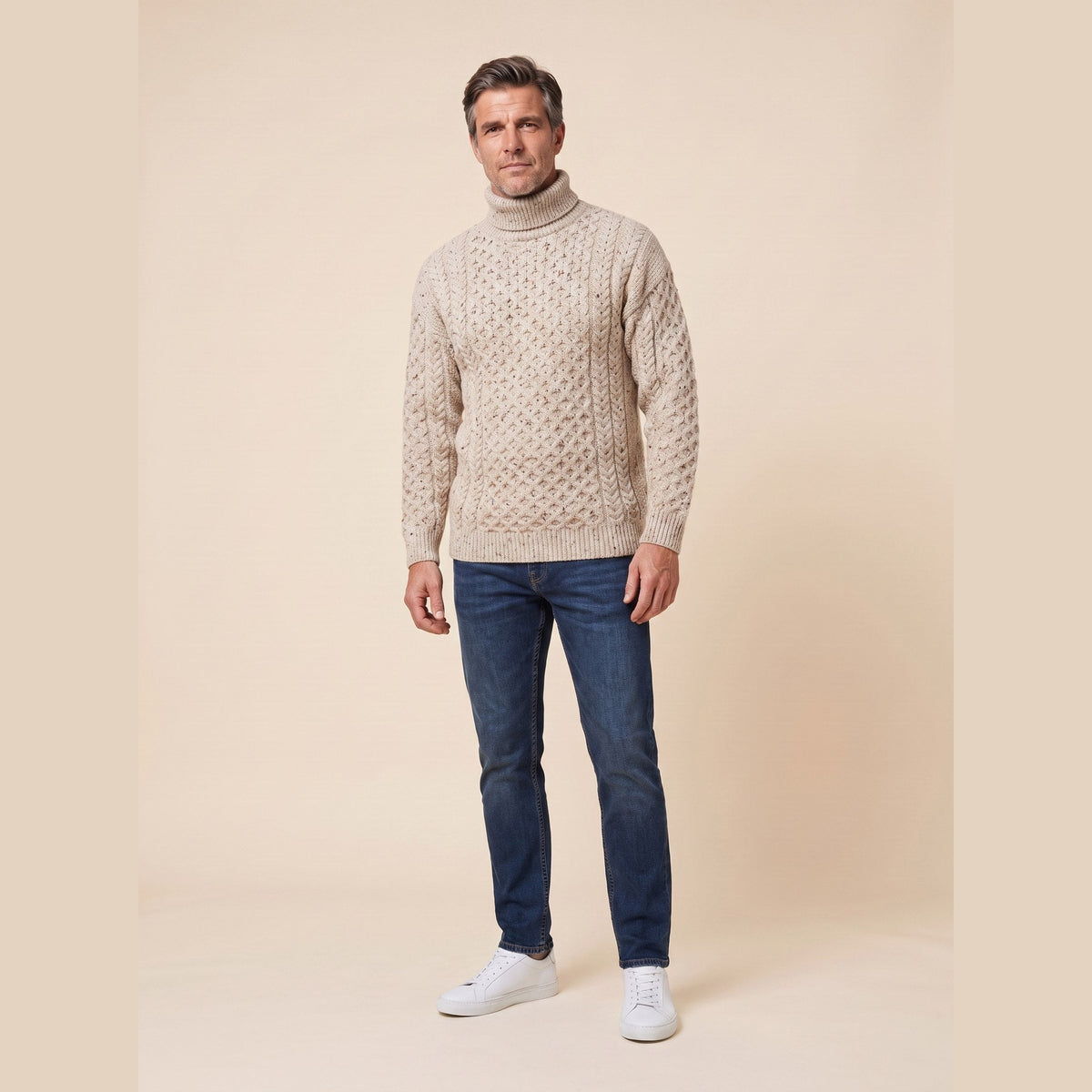 Aran Fisherman Turtleneck Sweater in oatmeal – front view