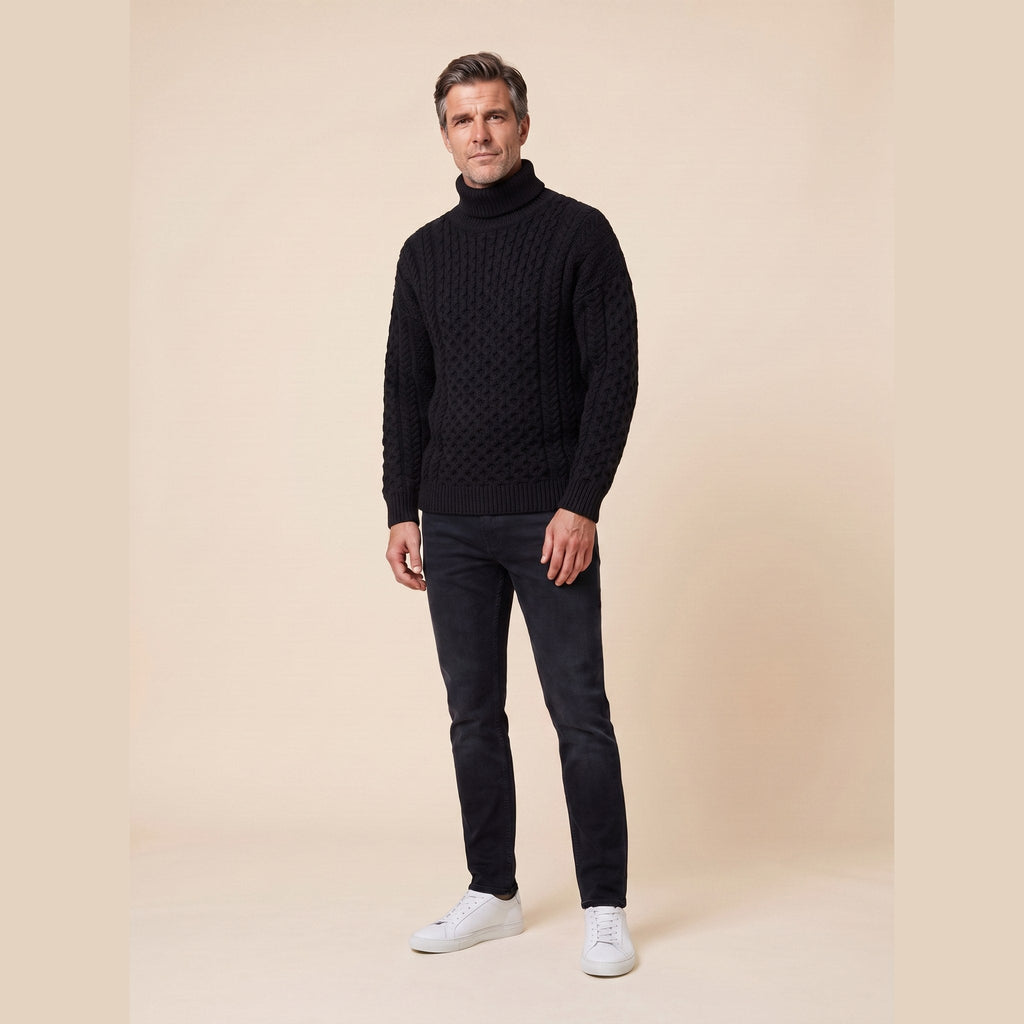 Aran Fisherman Turtleneck Sweater in black – front view