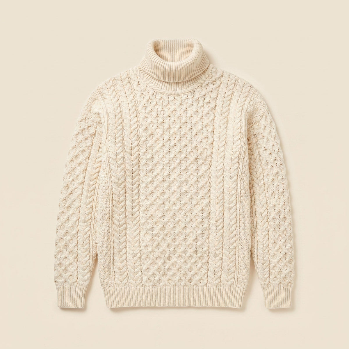 Aran Fisherman Turtleneck Sweater in cream – product detail view