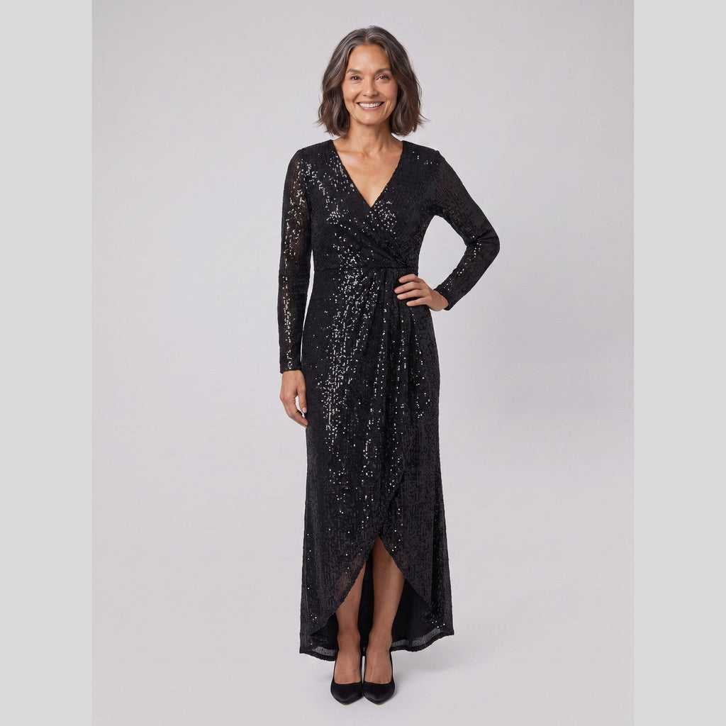 Astra | Sequin Gown with Asymmetric Hem by Vera Noir – in black