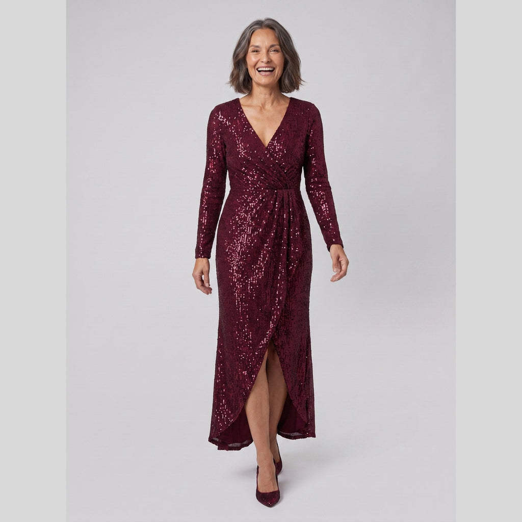 Astra | Sequin Gown with Asymmetric Hem by Vera Noir – in burgundy