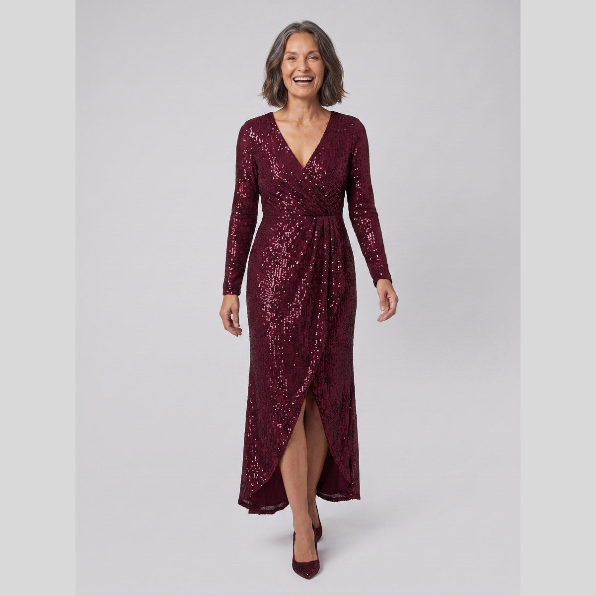Astra | Sequin Gown with Asymmetric Hem by Vera Noir – in burgundy