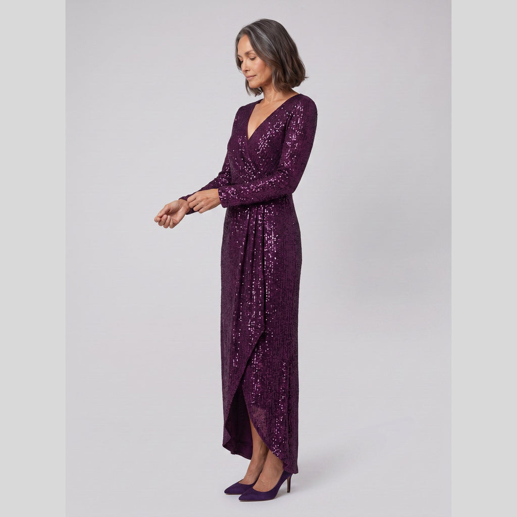 Astra | Sequin Gown with Asymmetric Hem by Vera Noir – in dark purple