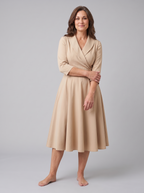 Aurora | Shawl Collar A-Line Midi Dress by Vera Noir – in beige