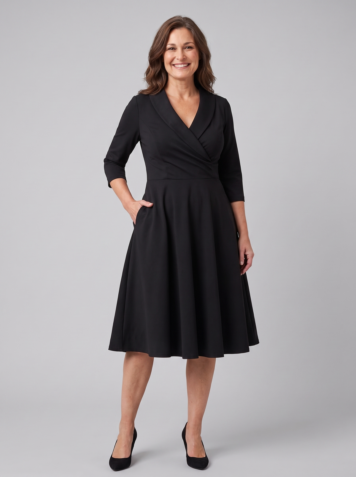 Aurora | Shawl Collar A-Line Midi Dress by Vera Noir – in black