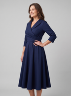 Aurora | Shawl Collar A-Line Midi Dress by Vera Noir – in navy blue