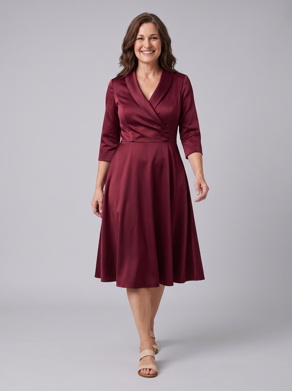 Aurora | Shawl Collar A-Line Midi Dress by Vera Noir – in wine
