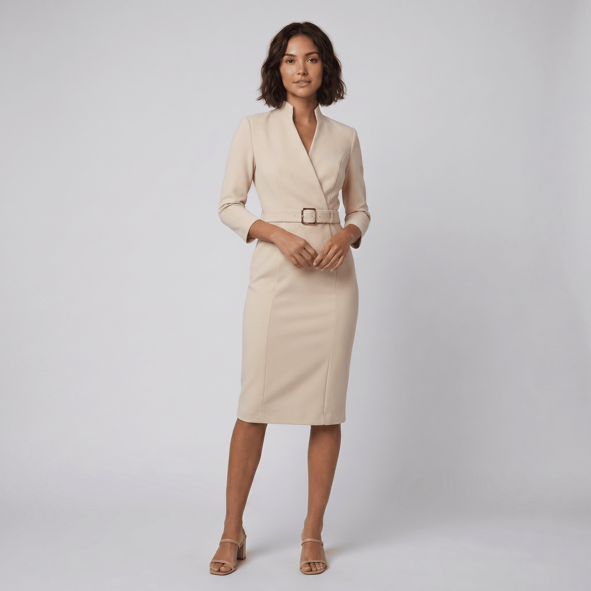 Ava Tailored Belted Knee-Length Dress by Vera Noir in beige – front view