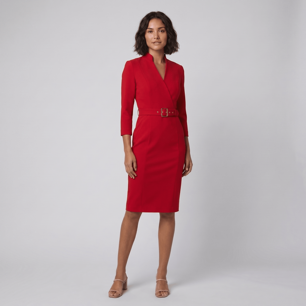 Ava Tailored Belted Knee-Length Dress by Vera Noir in red – front view