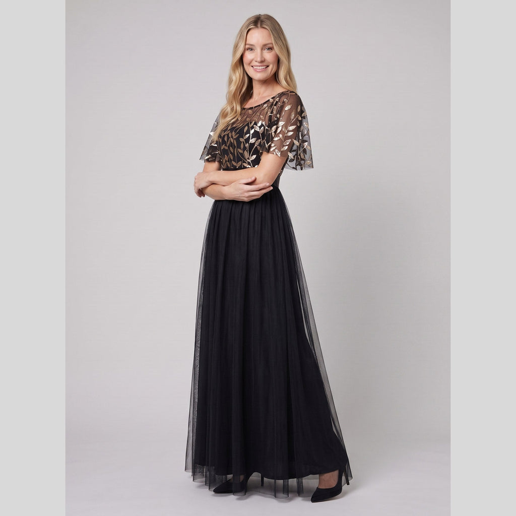 Azura | Sequin Bodice Tulle Maxi Dress by Vera Noir – in black and gold