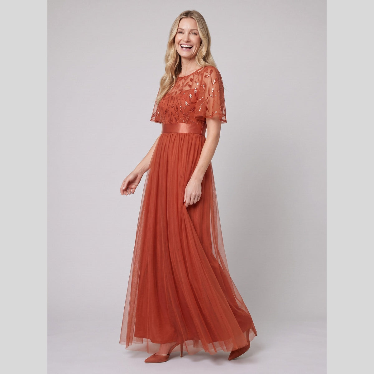 Azura | Sequin Bodice Tulle Maxi Dress by Vera Noir – in burnt orange