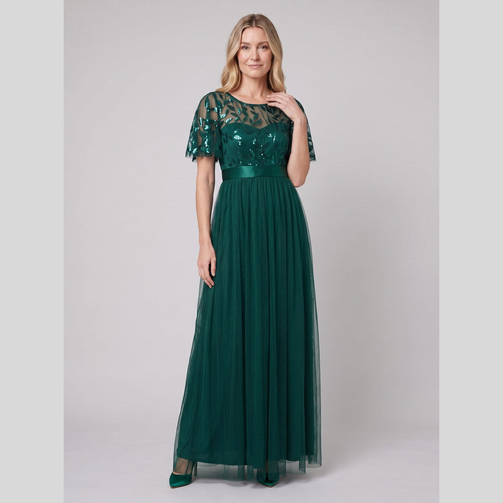 Azura | Sequin Bodice Tulle Maxi Dress by Vera Noir – in dark green