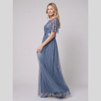 Azura | Sequin Bodice Tulle Maxi Dress by Vera Noir – in dusty blue