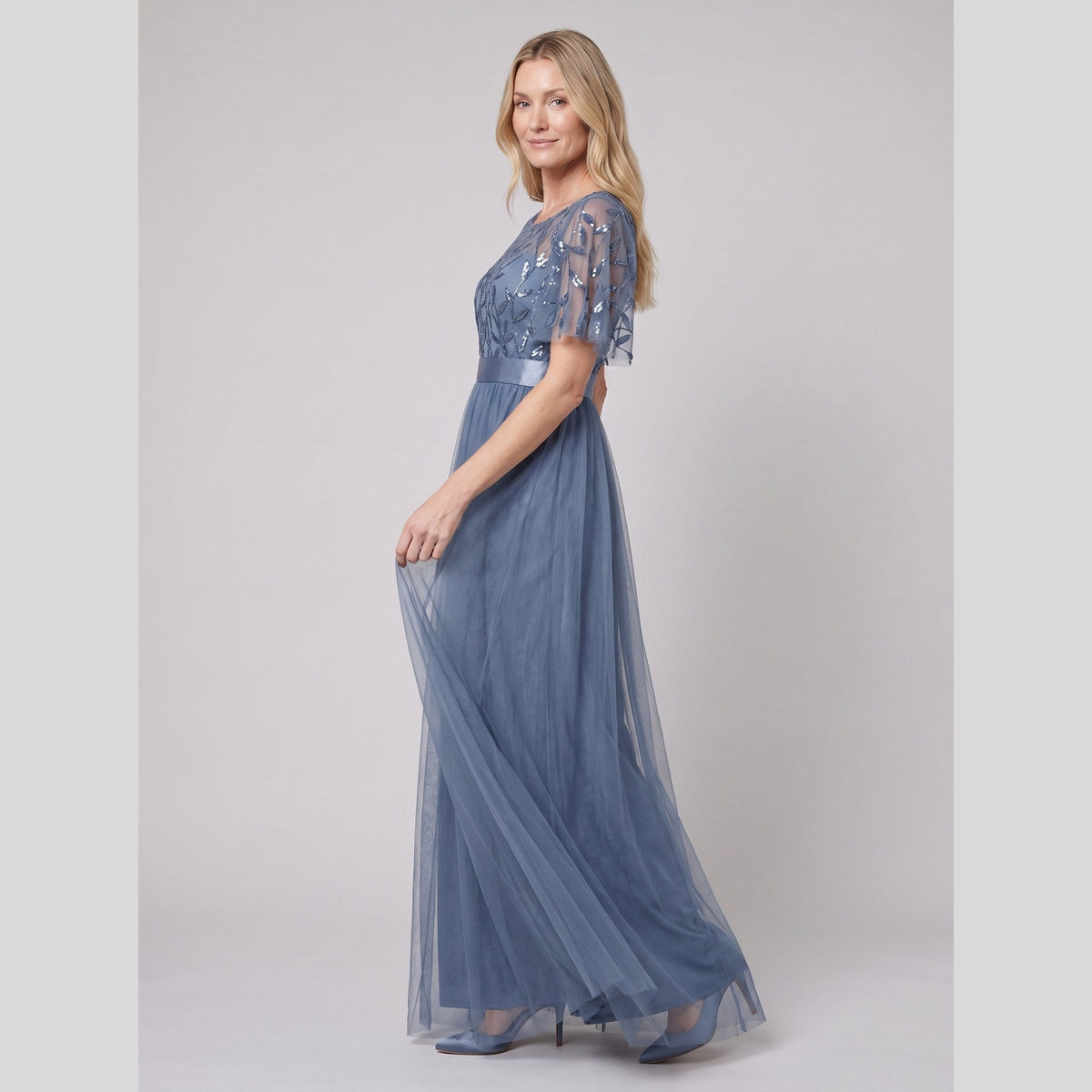 Azura | Sequin Bodice Tulle Maxi Dress by Vera Noir – in dusty blue