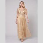 Azura | Sequin Bodice Tulle Maxi Dress by Vera Noir – in gold