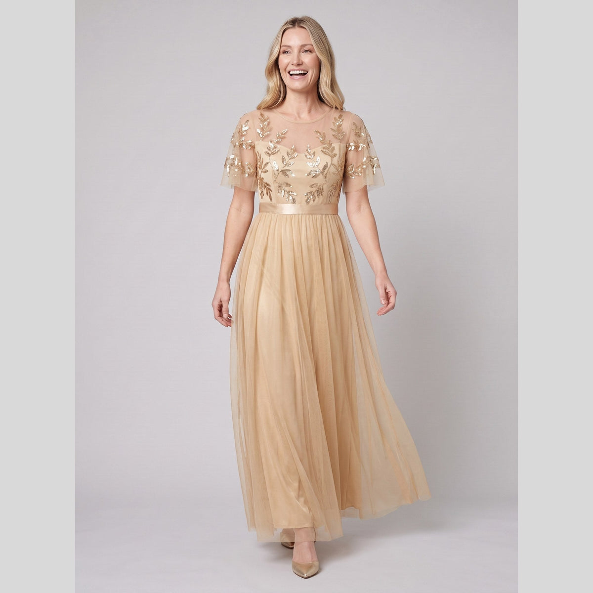 Azura | Sequin Bodice Tulle Maxi Dress by Vera Noir – in gold