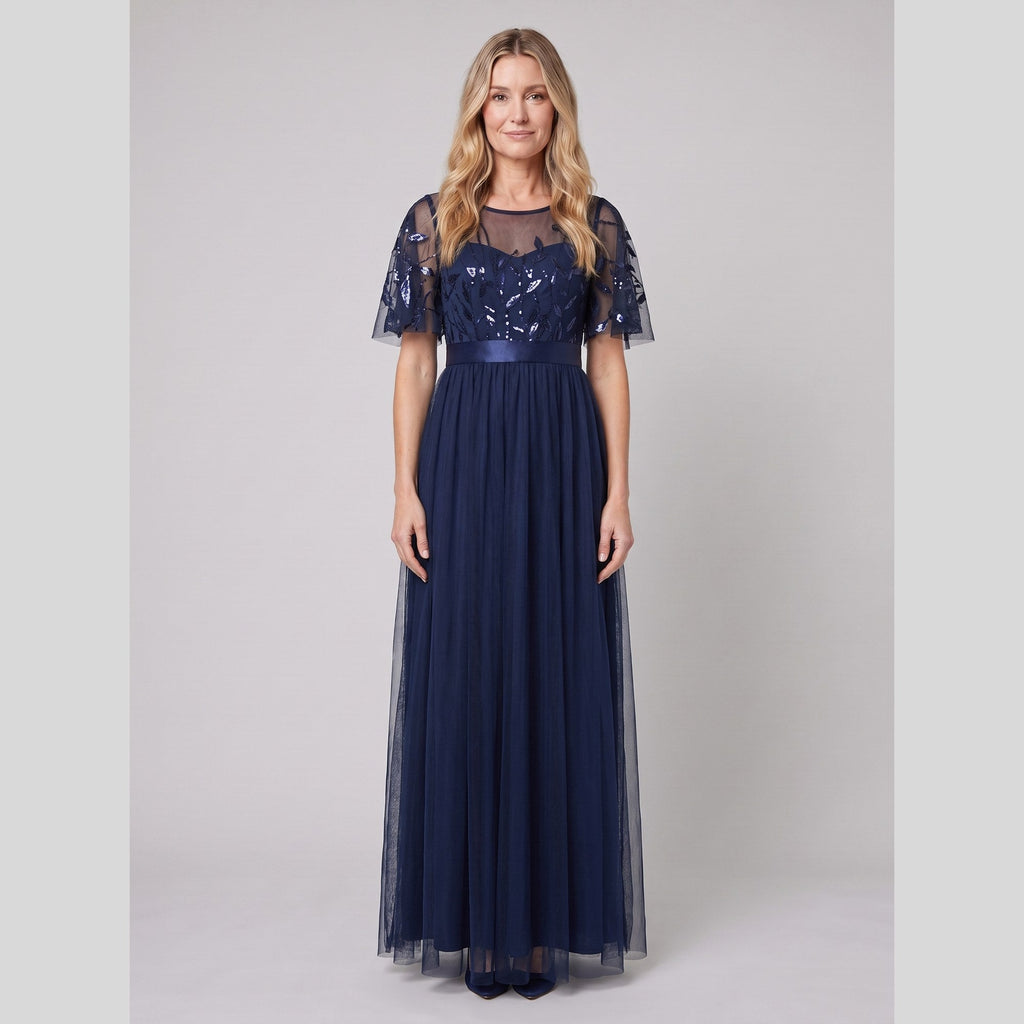 Azura | Sequin Bodice Tulle Maxi Dress by Vera Noir – in navy blue