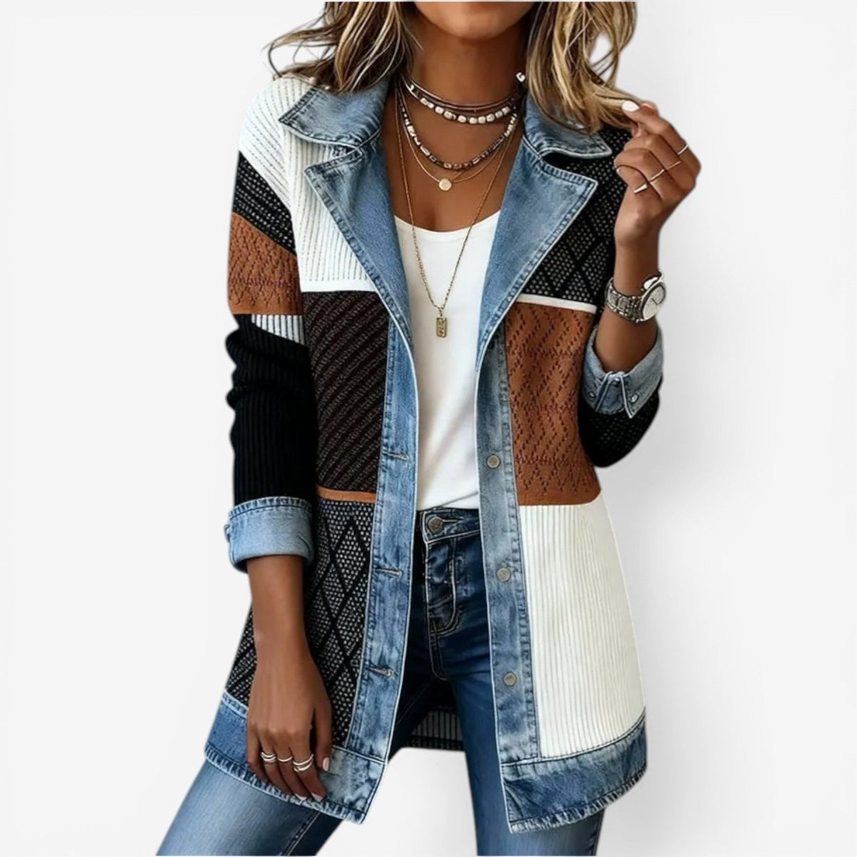 Bettina | Elegant Layered Collar Button Jacket – front view