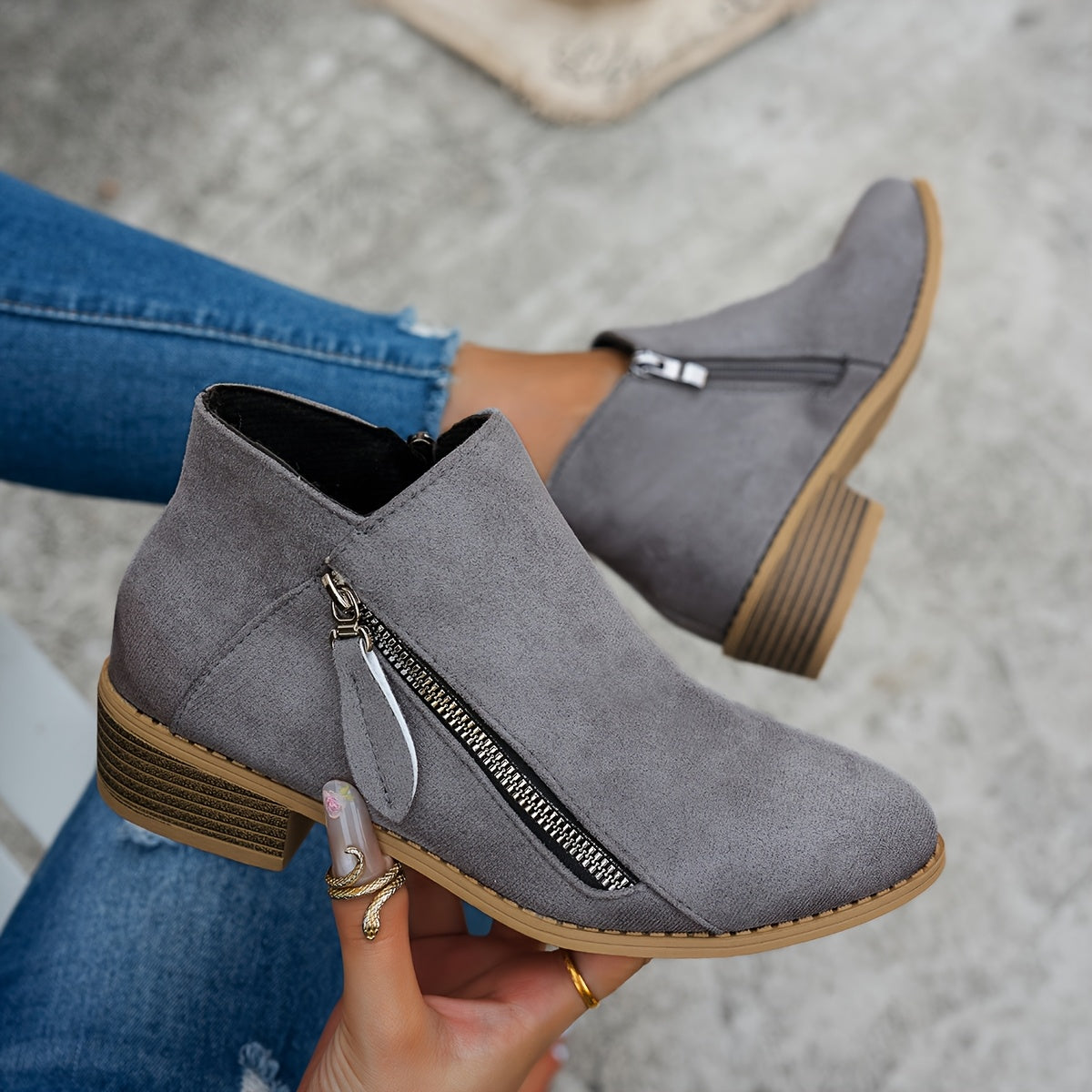 Bianca Stacked-Heel Side-Zip Ankle Boots – close-up