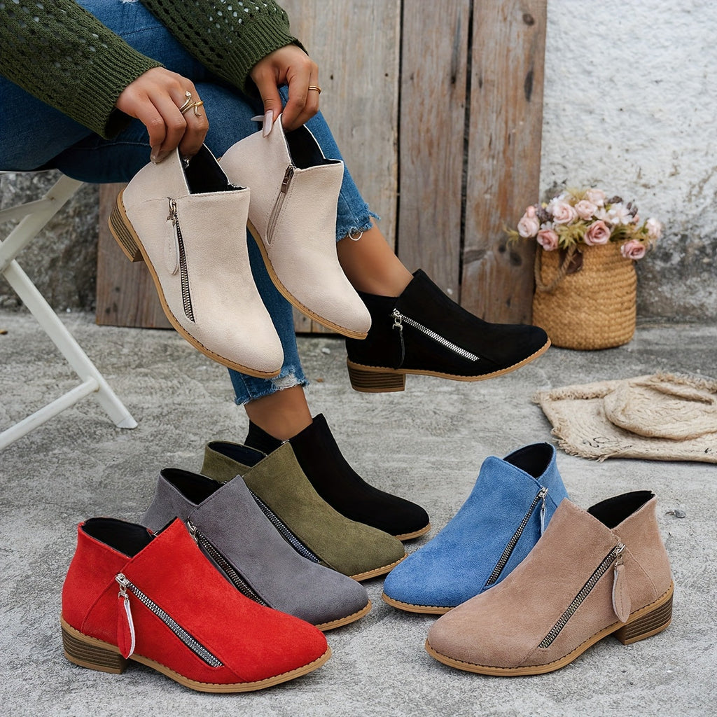 Bianca Stacked-Heel Side-Zip Ankle Boots – styled view