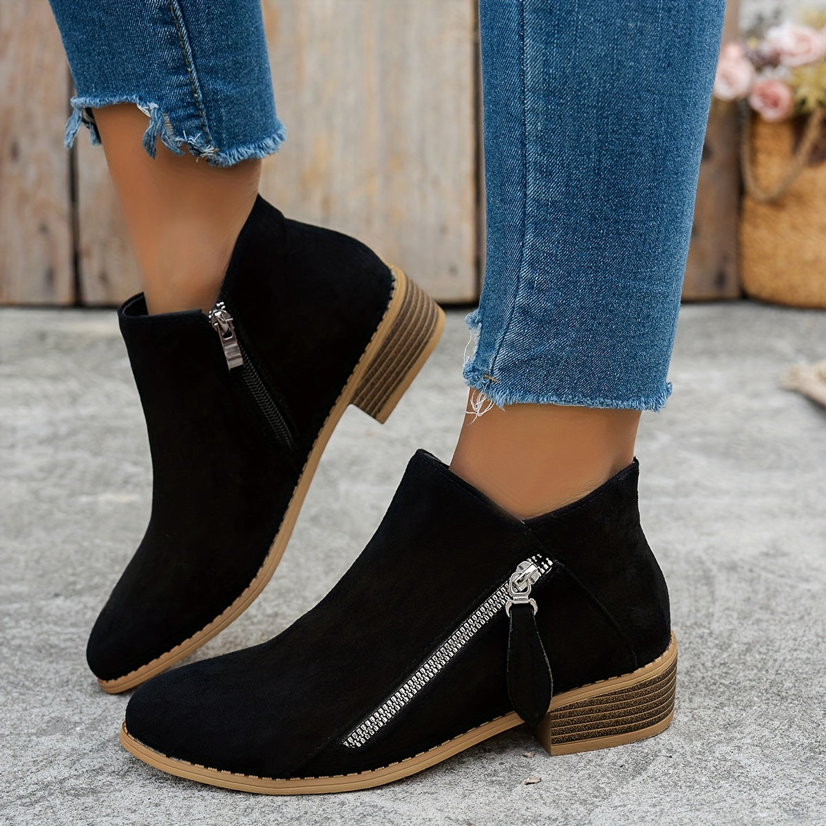 Bianca Stacked-Heel Side-Zip Ankle Boots – detail view