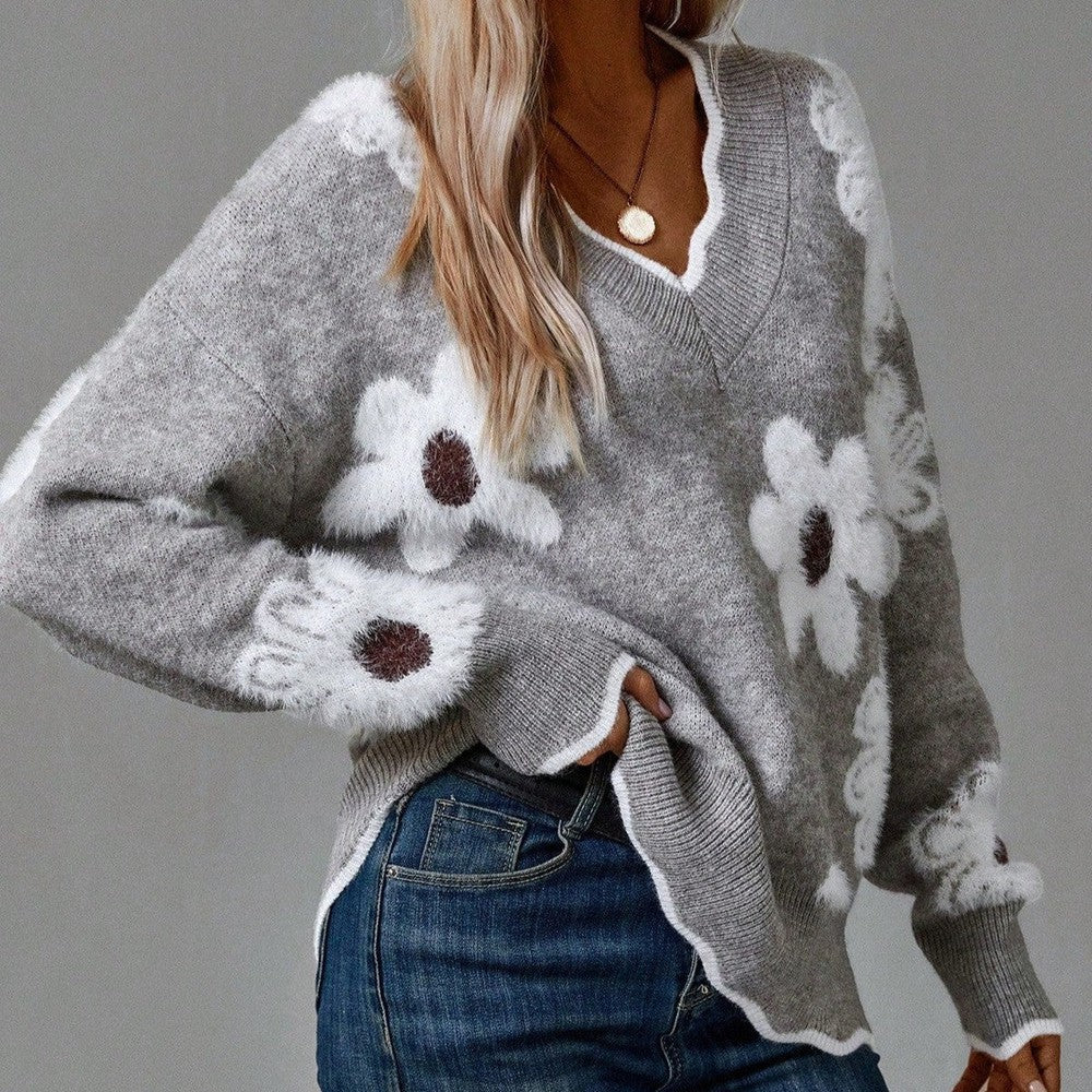 Bibi Fuzzy Floral V-Neck Sweater by Vera Noir – front view