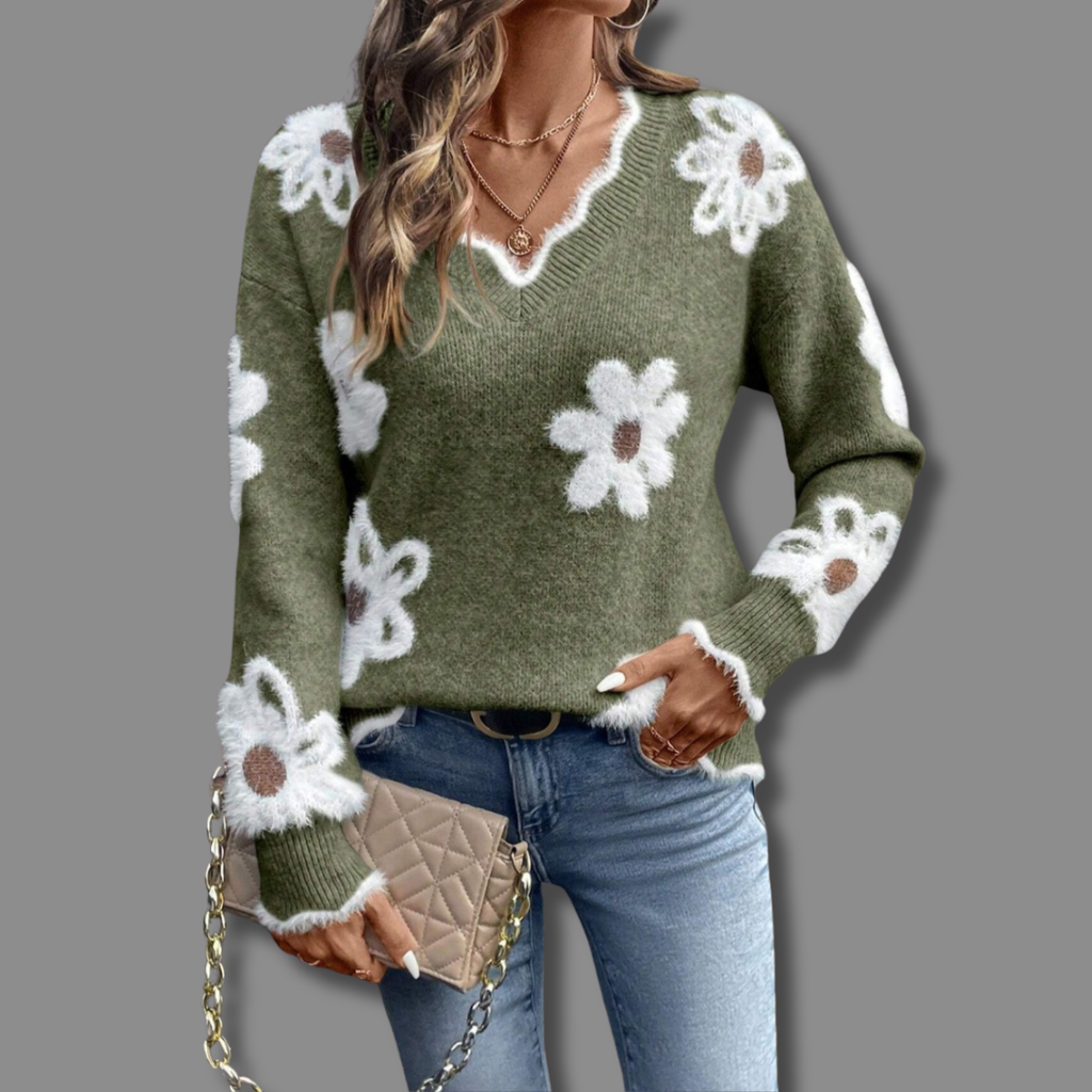 Bibi Fuzzy Floral V-Neck Sweater by Vera Noir – back view