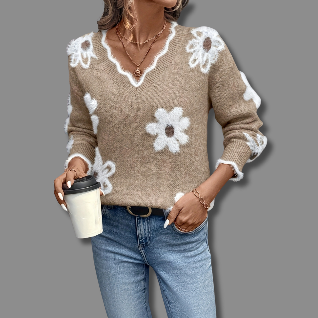 Bibi Fuzzy Floral V-Neck Sweater by Vera Noir – detail view