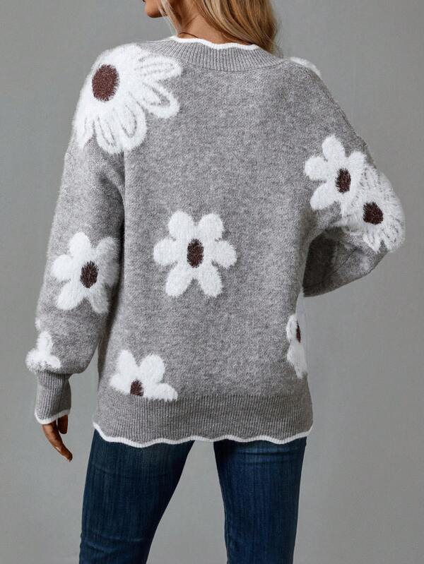Bibi Fuzzy Floral V-Neck Sweater by Vera Noir – close-up