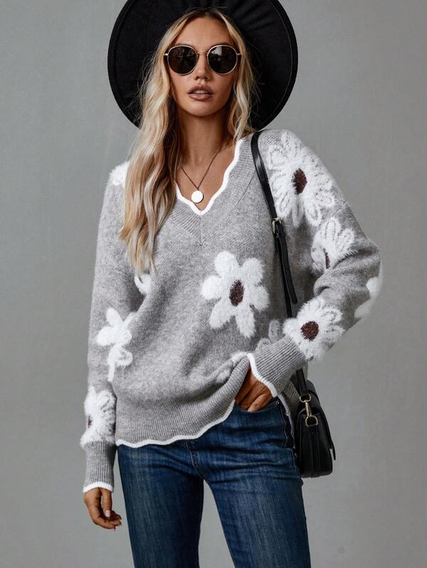 Bibi Fuzzy Floral V-Neck Sweater by Vera Noir – image 7