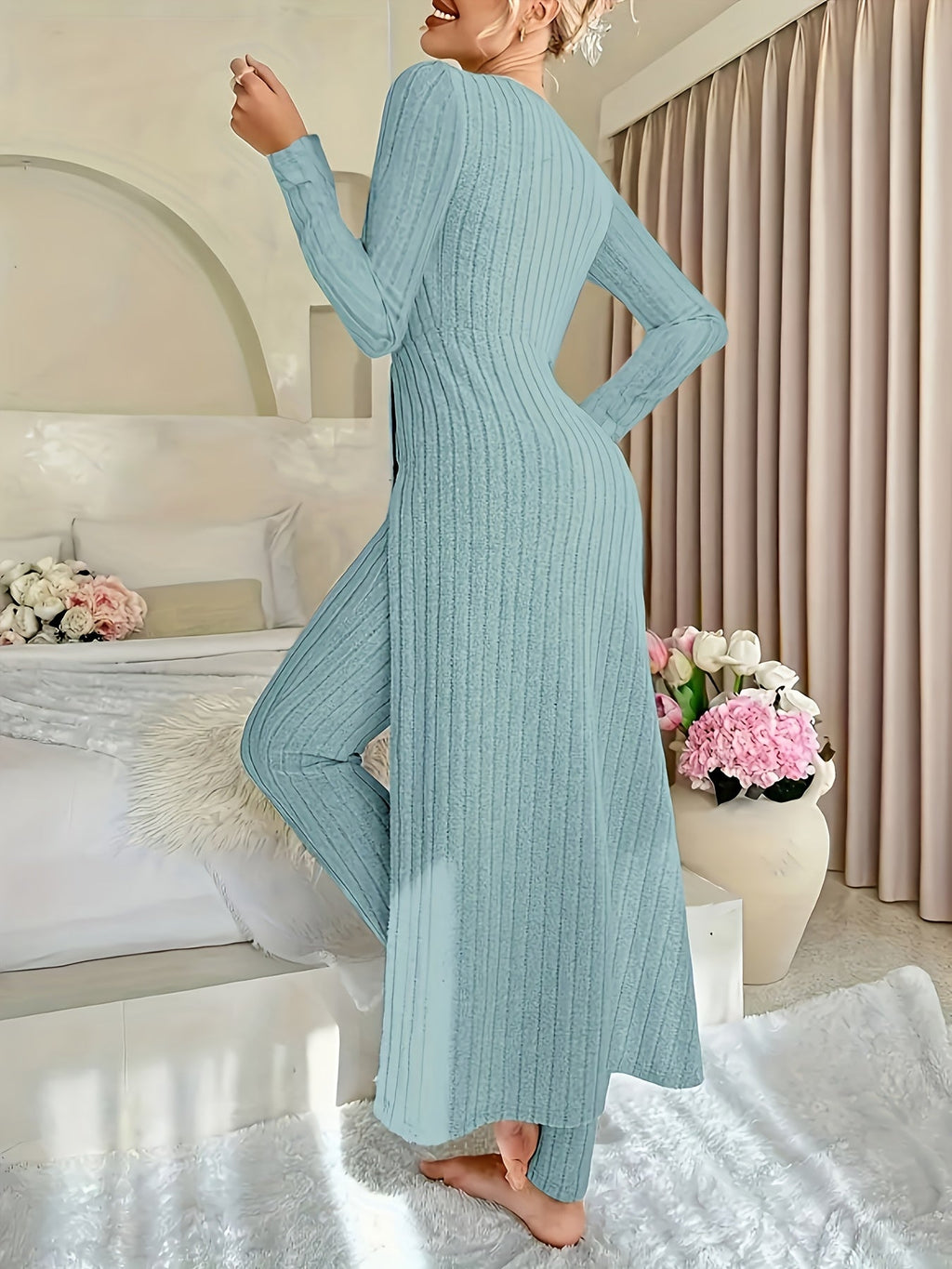 Birgitta | Ribbed Lounge Two-Piece Set – Sage back view