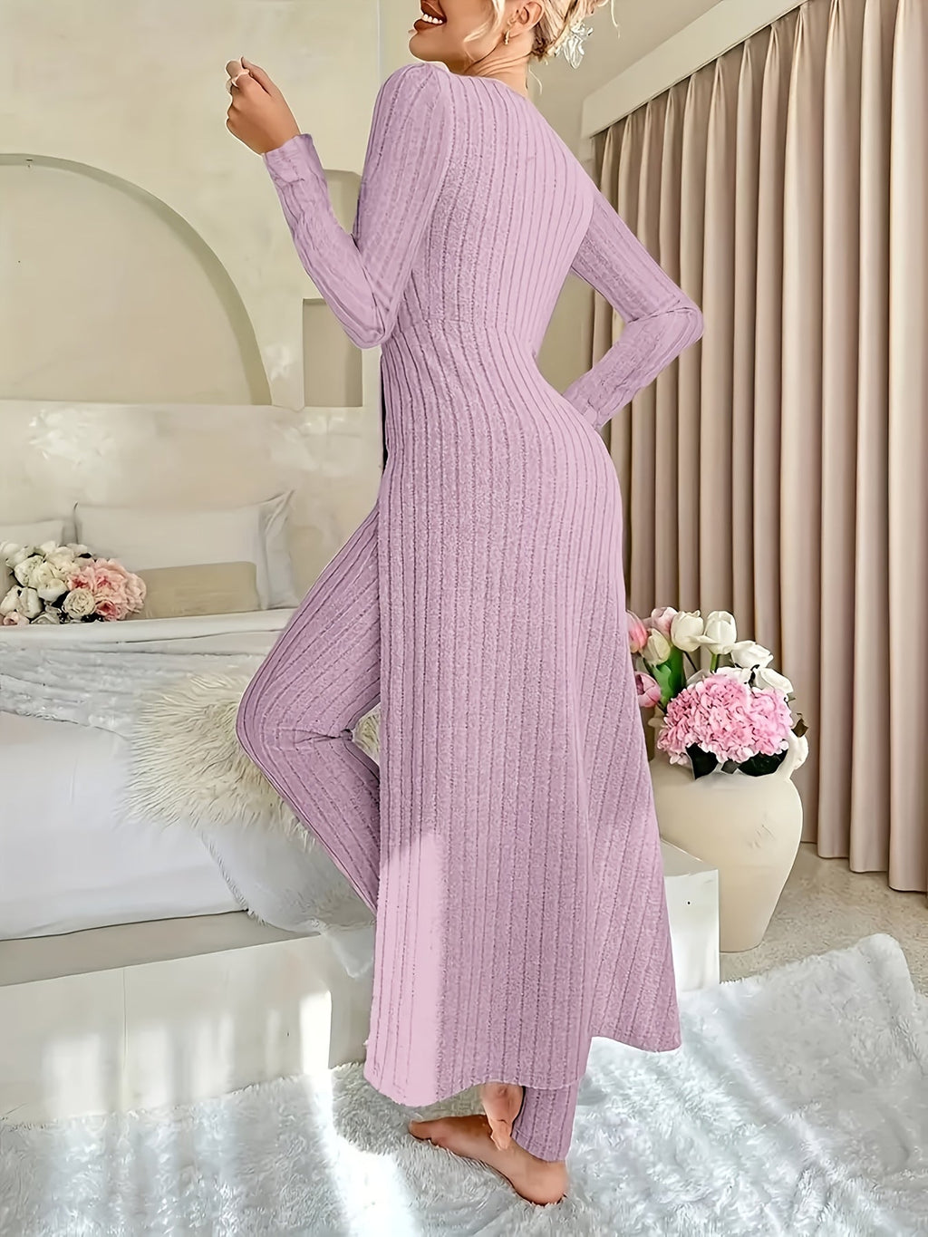 Birgitta | Ribbed Lounge Two-Piece Set – Violet back view