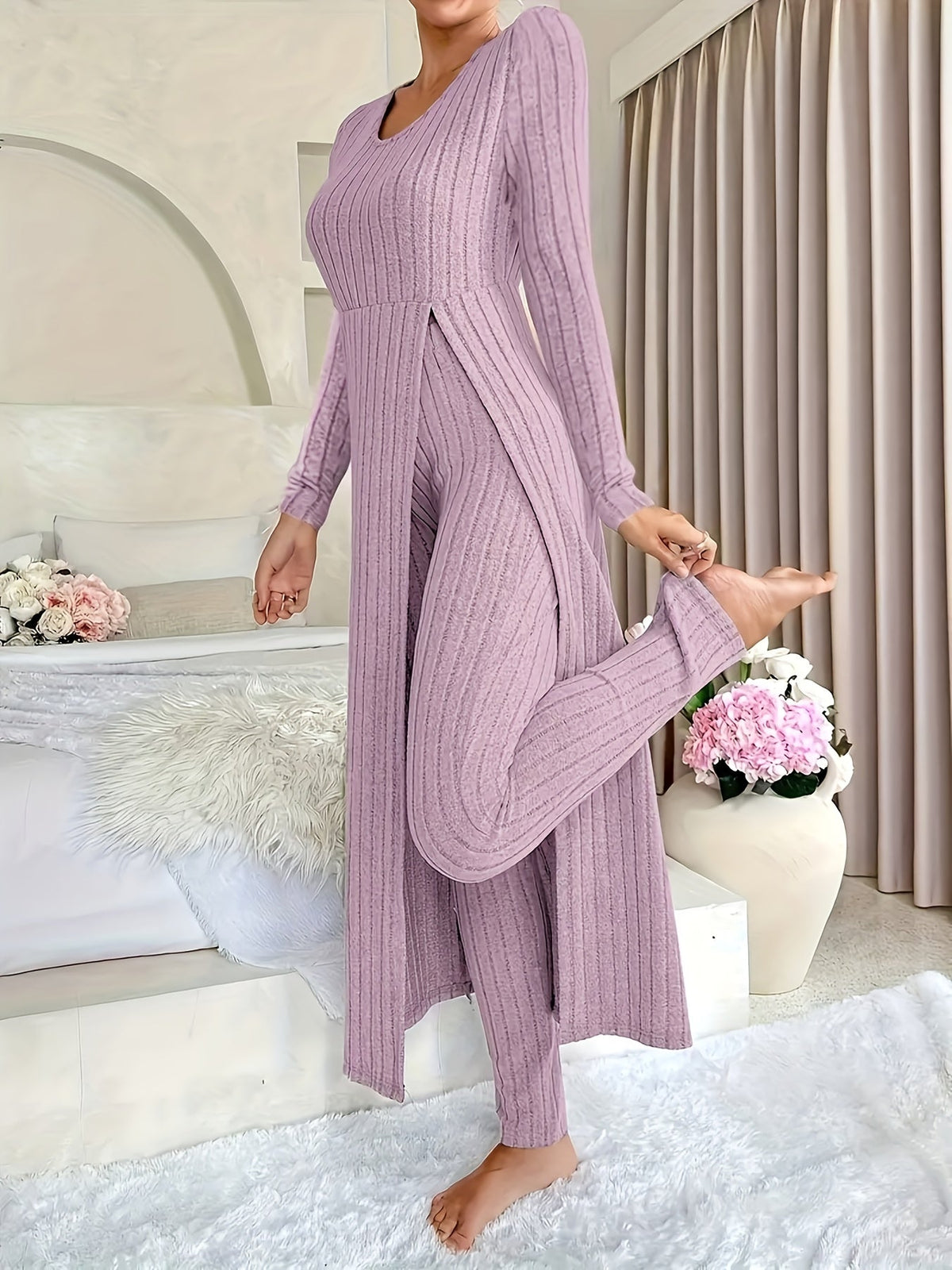 Birgitta | Ribbed Lounge Two-Piece Set – Violet front view