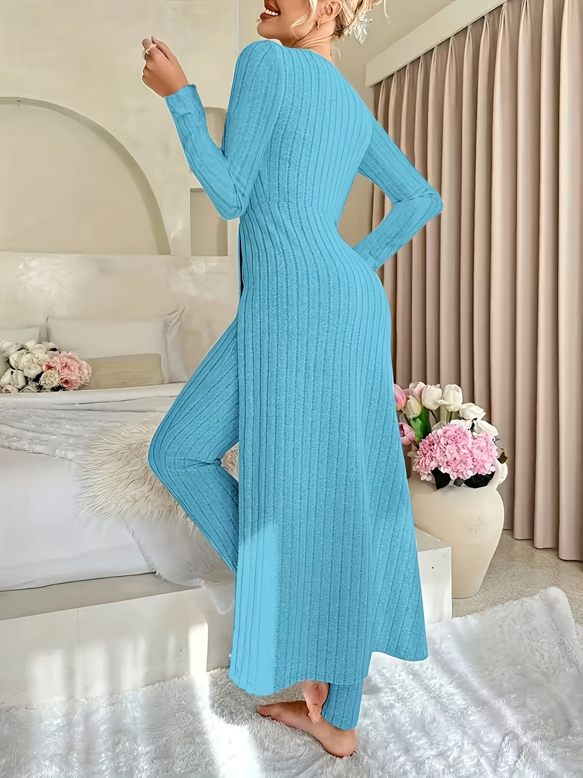 Birgitta | Ribbed Lounge Two-Piece Set – Peacock Blue back view