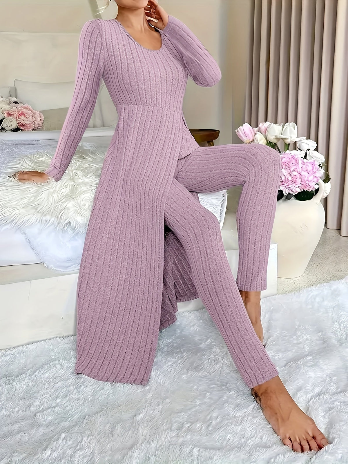 Birgitta | Ribbed Lounge Two-Piece Set – Violet styled view