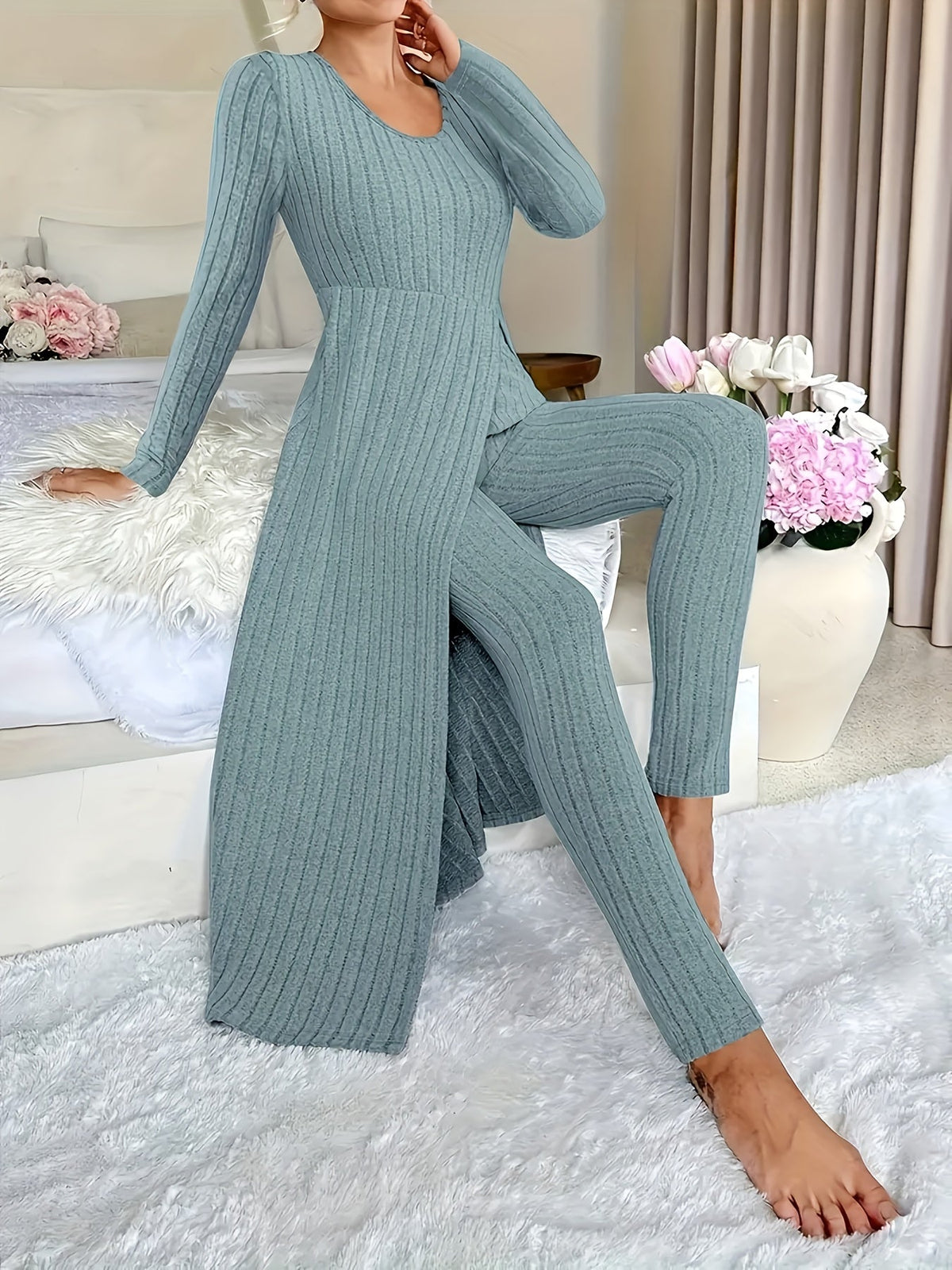 Birgitta | Ribbed Lounge Two-Piece Set – Sage seated styled view